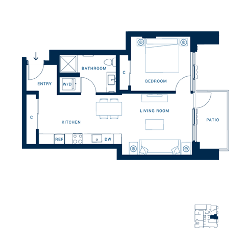 Floor plan for 1 bed, 1 bath, 660 sqft